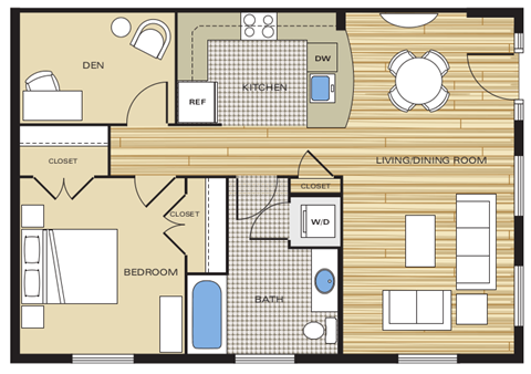 1 Bed1 Bath Den 705sf Floor Plan at Clayborne Apartments, Alexandria, VA, 22314